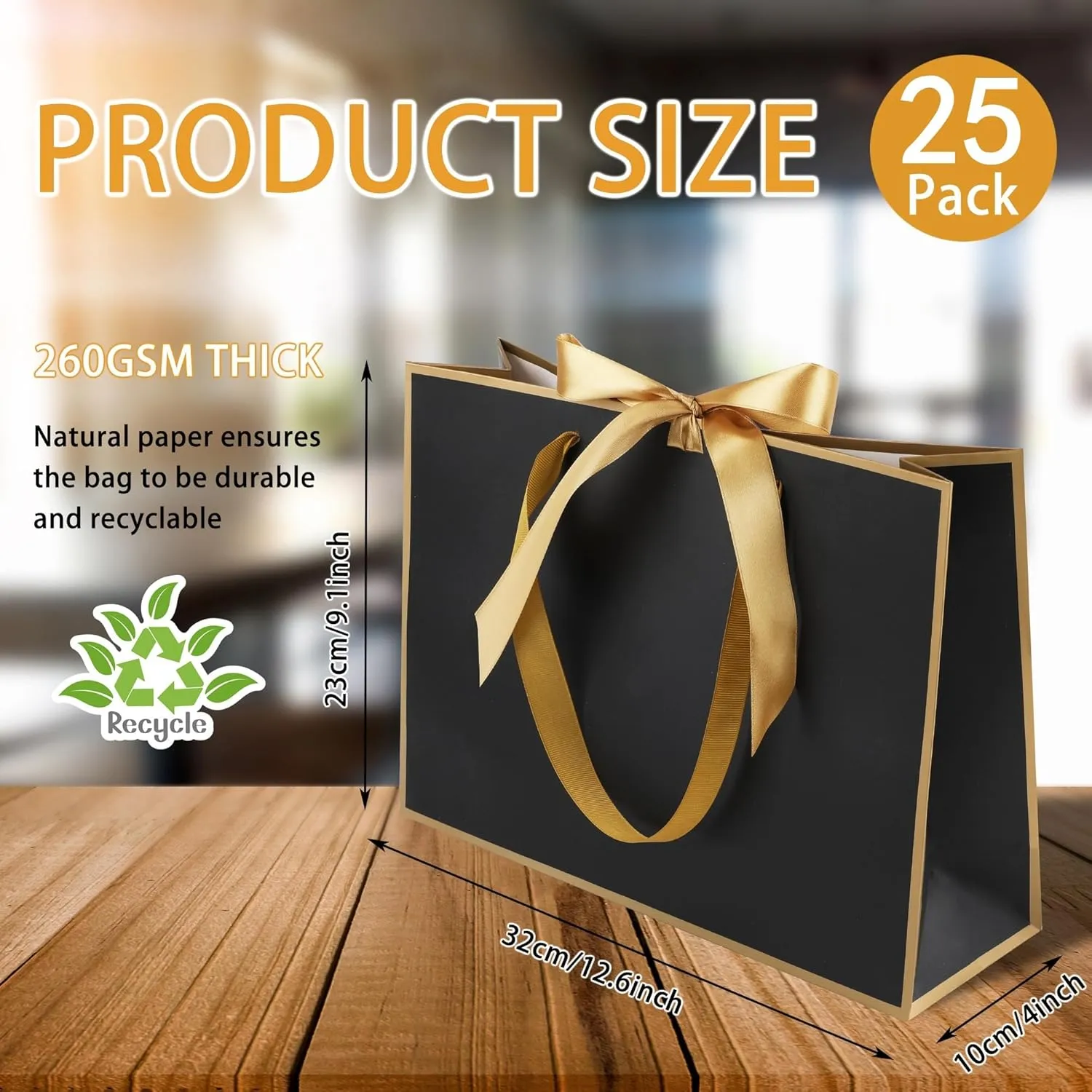 STOBOCTER 25 Pcs Elegant Paper Gift Bags with Handles 12.6''x4''x9.1'' Thank You 5 Senses Gift Bags with Bow Ribbon Gift Wrap Bags for Wedding Bridal Shower Birthday Holiday Party Gifts(Black, Gold)