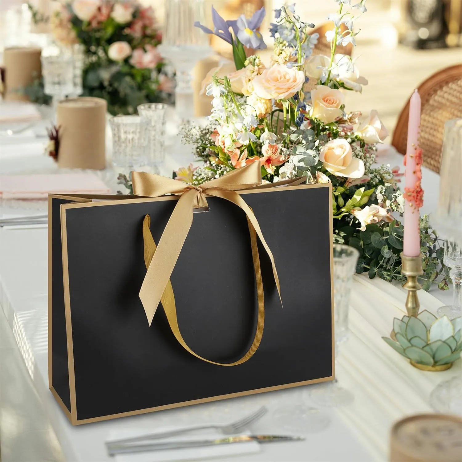 STOBOCTER 25 Pcs Elegant Paper Gift Bags with Handles 12.6''x4''x9.1'' Thank You 5 Senses Gift Bags with Bow Ribbon Gift Wrap Bags for Wedding Bridal Shower Birthday Holiday Party Gifts(Black, Gold)