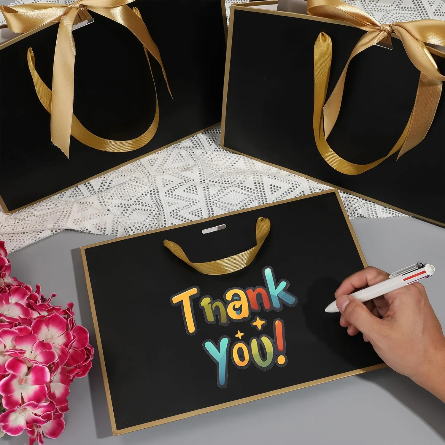 STOBOCTER 25 Pcs Elegant Paper Gift Bags with Handles 12.6''x4''x9.1'' Thank You 5 Senses Gift Bags with Bow Ribbon Gift Wrap Bags for Wedding Bridal Shower Birthday Holiday Party Gifts(Black, Gold)