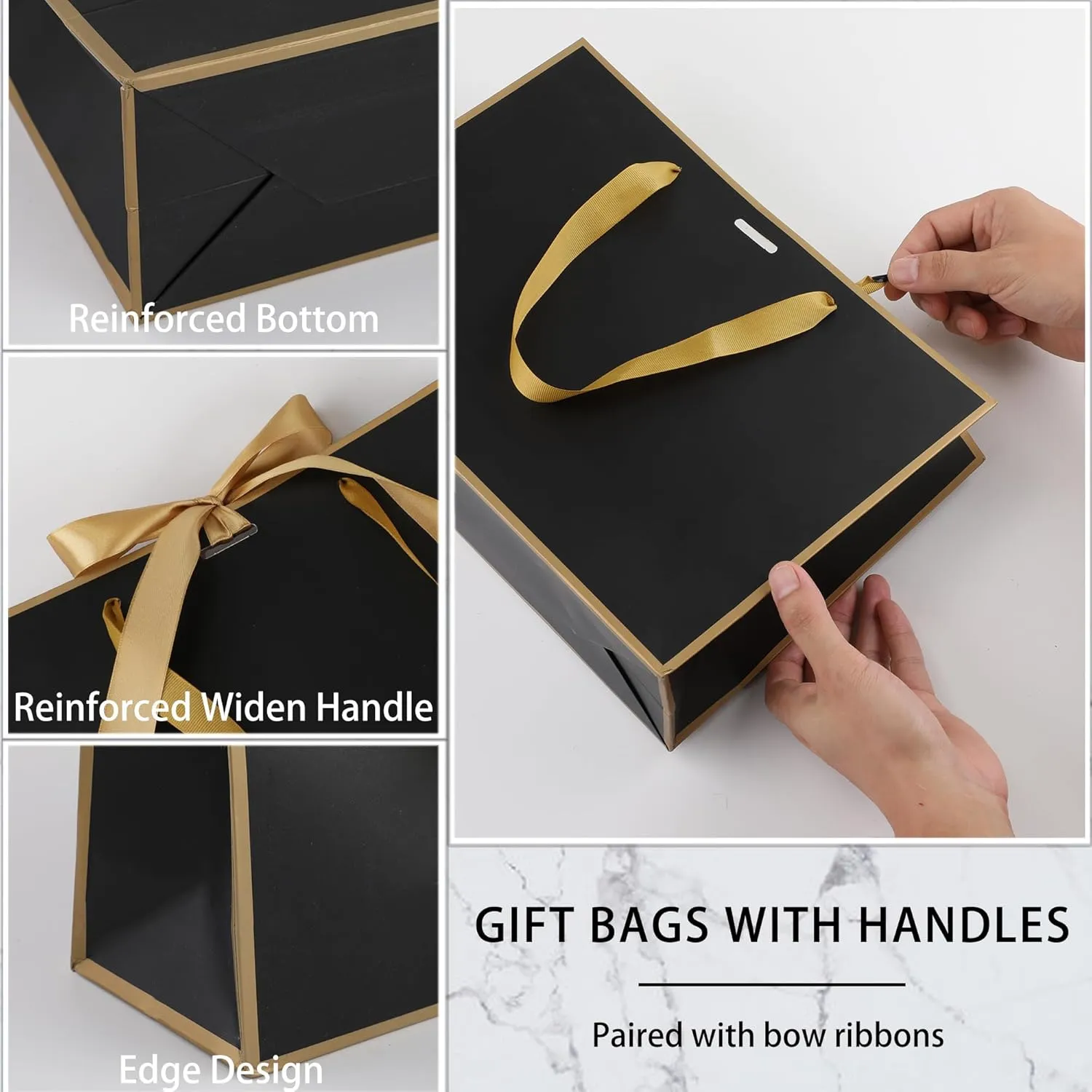 STOBOCTER 25 Pcs Elegant Paper Gift Bags with Handles 12.6''x4''x9.1'' Thank You 5 Senses Gift Bags with Bow Ribbon Gift Wrap Bags for Wedding Bridal Shower Birthday Holiday Party Gifts(Black, Gold)