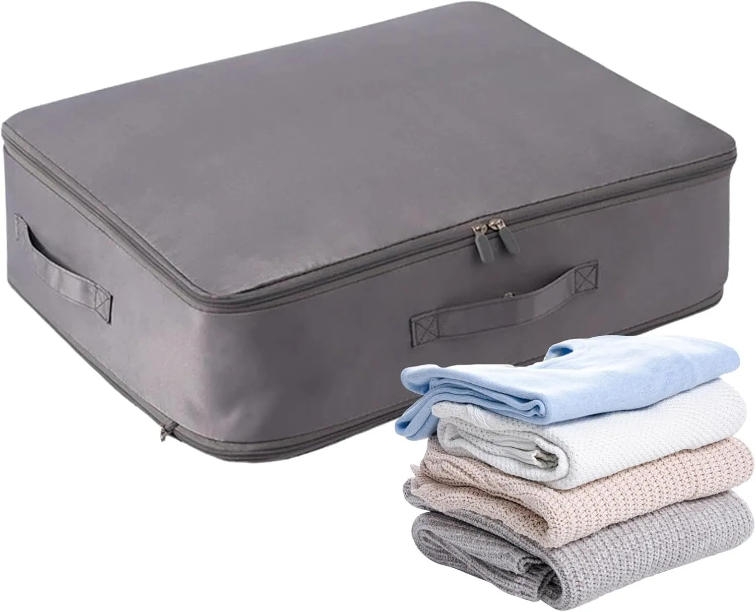 Storage Bags for Clothes, Foldable Blanket Clothing Storage Bags with Lids and Reinforced Handle, 2024 New Ultra Space Saving Se-lf Compression Organizer, Gray/L, KIP63G06BFUT80DGU