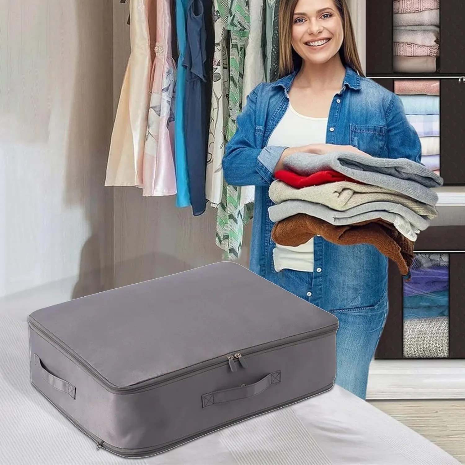Storage Bags for Clothes, Foldable Blanket Clothing Storage Bags with Lids and Reinforced Handle, 2024 New Ultra Space Saving Se-lf Compression Organizer, Gray/L, KIP63G06BFUT80DGU