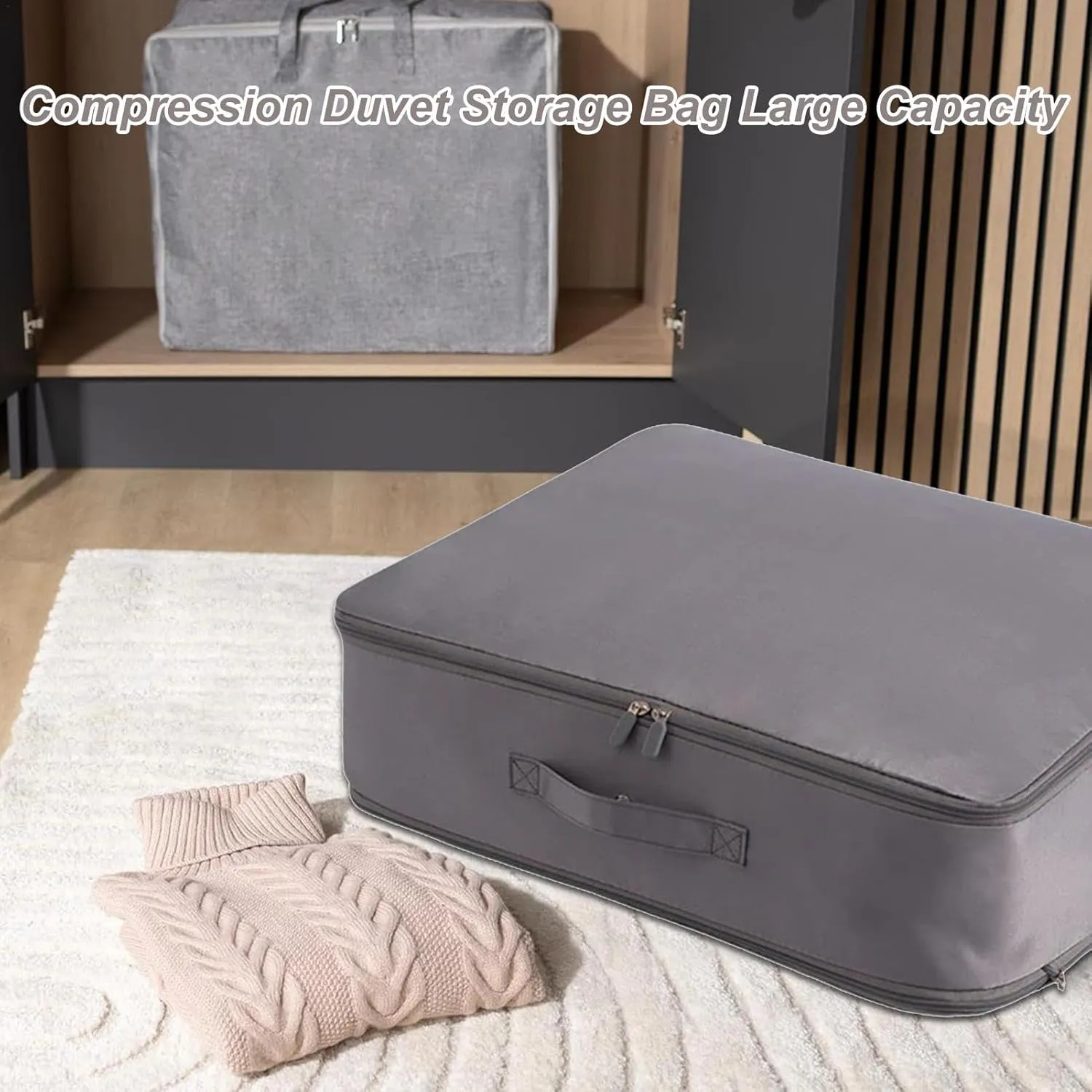Storage Bags for Clothes, Foldable Blanket Clothing Storage Bags with Lids and Reinforced Handle, 2024 New Ultra Space Saving Se-lf Compression Organizer, Gray/L, KIP63G06BFUT80DGU