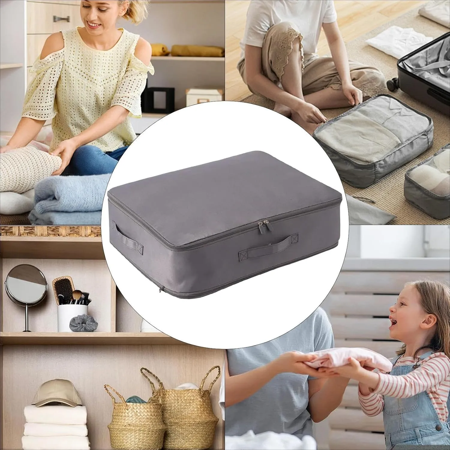 Storage Bags for Clothes, Foldable Blanket Clothing Storage Bags with Lids and Reinforced Handle, 2024 New Ultra Space Saving Se-lf Compression Organizer, Gray/L, KIP63G06BFUT80DGU