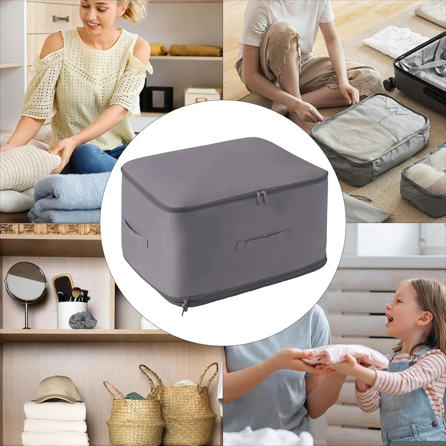 Storage Bags for Clothes, Foldable Blanket Clothing Storage Bags with Lids and Reinforced Handle, 2024 New Ultra Space Saving Se-lf Compression Organizer, Gray/XL, SQO8K3560BU0H6TPT8D