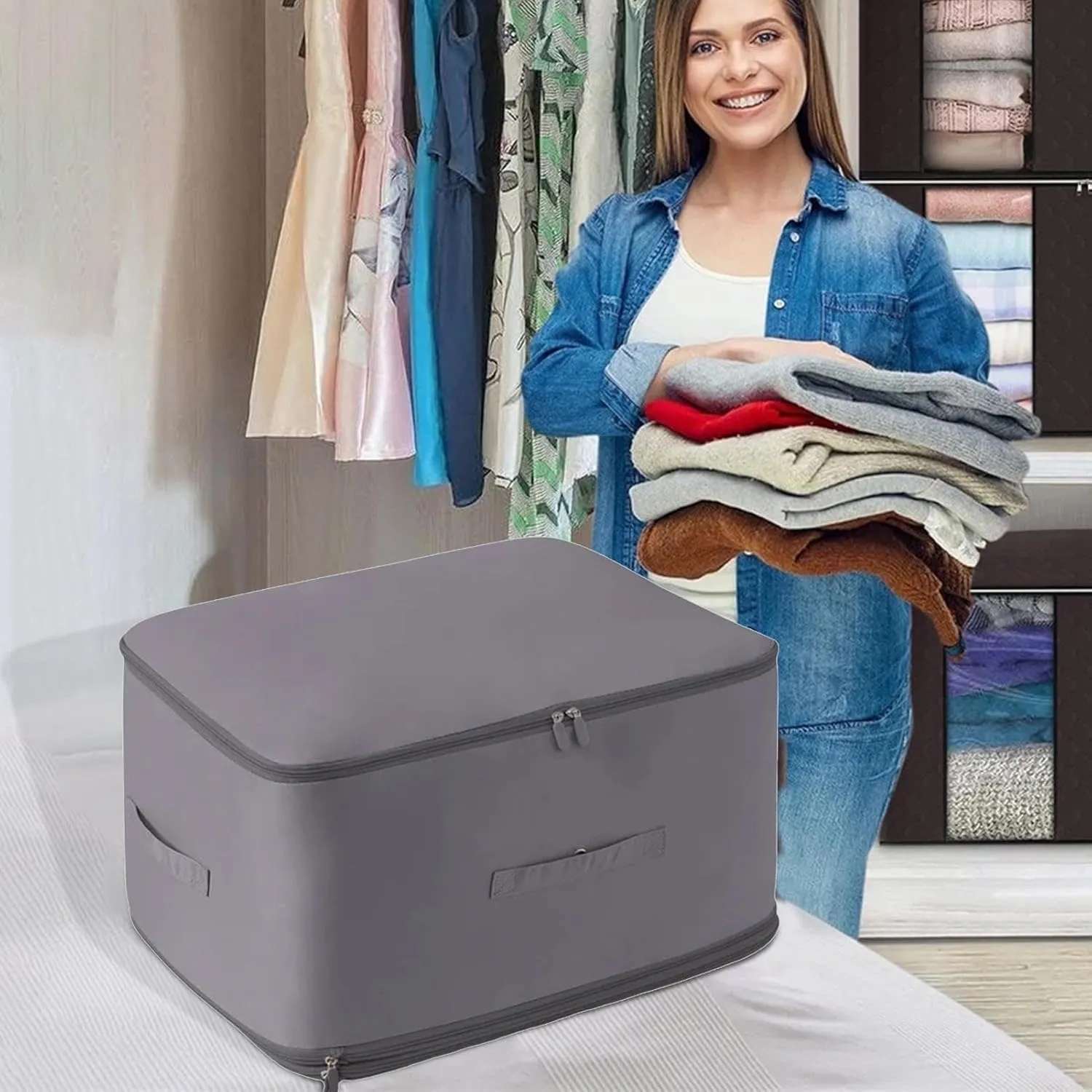 Storage Bags for Clothes, Foldable Blanket Clothing Storage Bags with Lids and Reinforced Handle, 2024 New Ultra Space Saving Se-lf Compression Organizer, Gray/XL, SQO8K3560BU0H6TPT8D