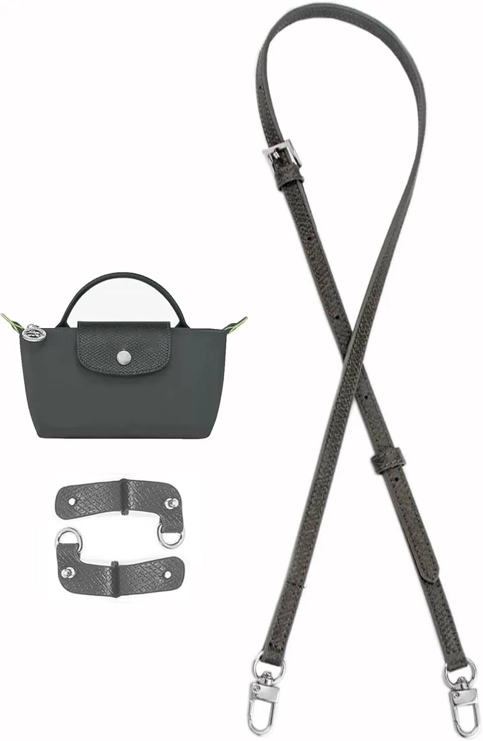 Straps Kit Compatible with Longchamp Mini Bags Shoulder Pouch, Leather Adjustable Purse Straps Crossbody Strap Compatible for Longchamp LP Xtra XS Pouch Conversion Kit GOLD Hardware GraphiteGray