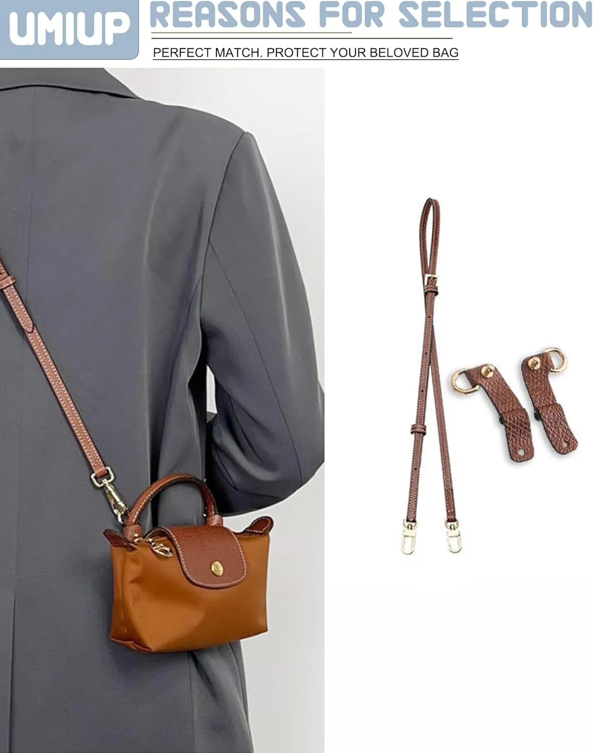 Straps Kit Compatible with Longchamp Mini Bags Shoulder Pouch, Leather Adjustable Purse Straps Crossbody Strap Compatible for Longchamp LP Xtra XS Pouch Conversion Kit GOLD Hardware GraphiteGray