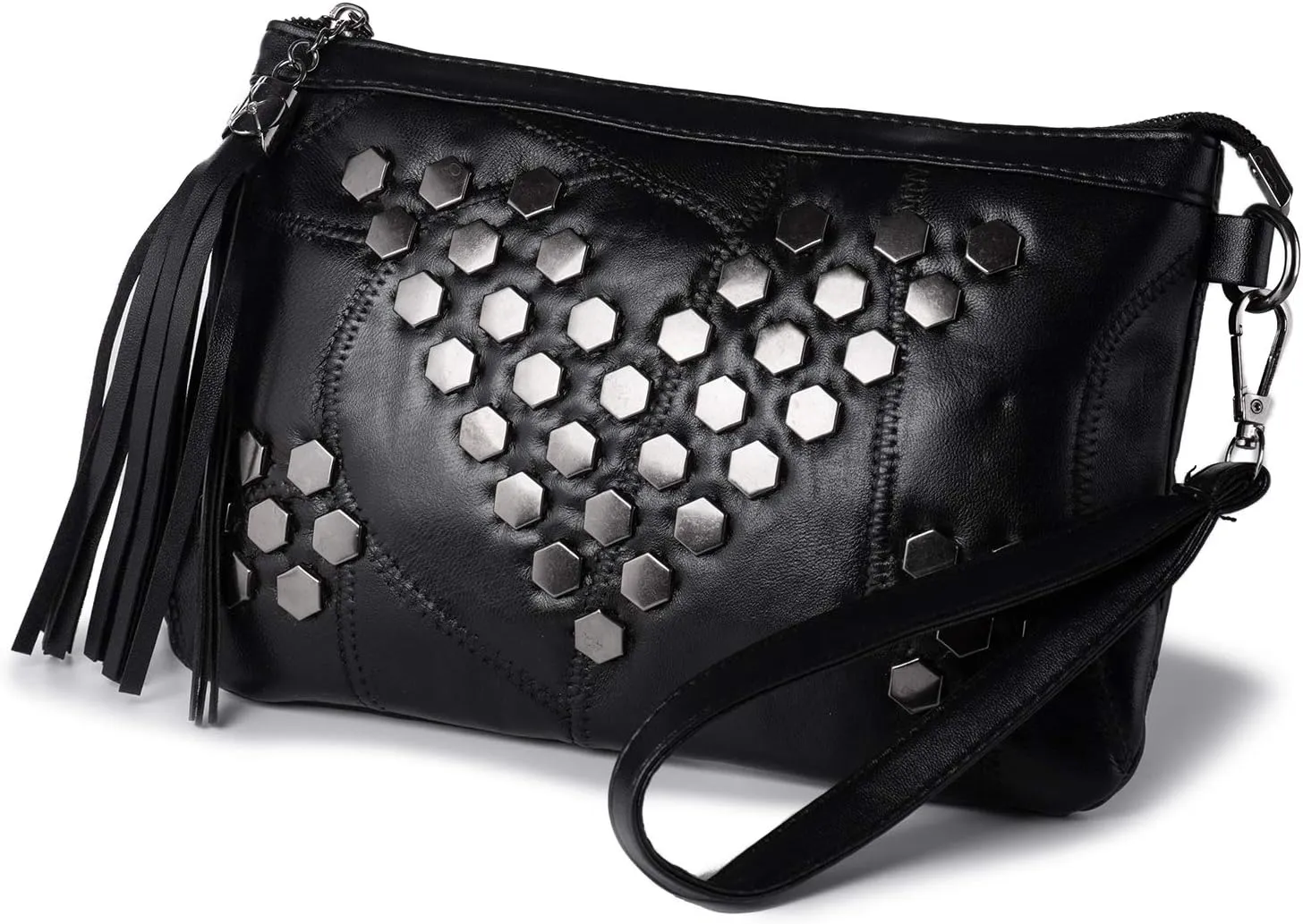 Studded Small Crossbody Bag for Women Fringe Gothic Purse Black Wristlet Clutch