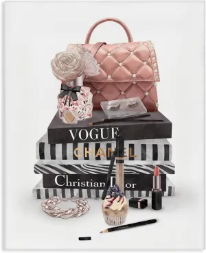 Stupell Industries Fashion Bookstack Purse Perfume Pink Glam Design