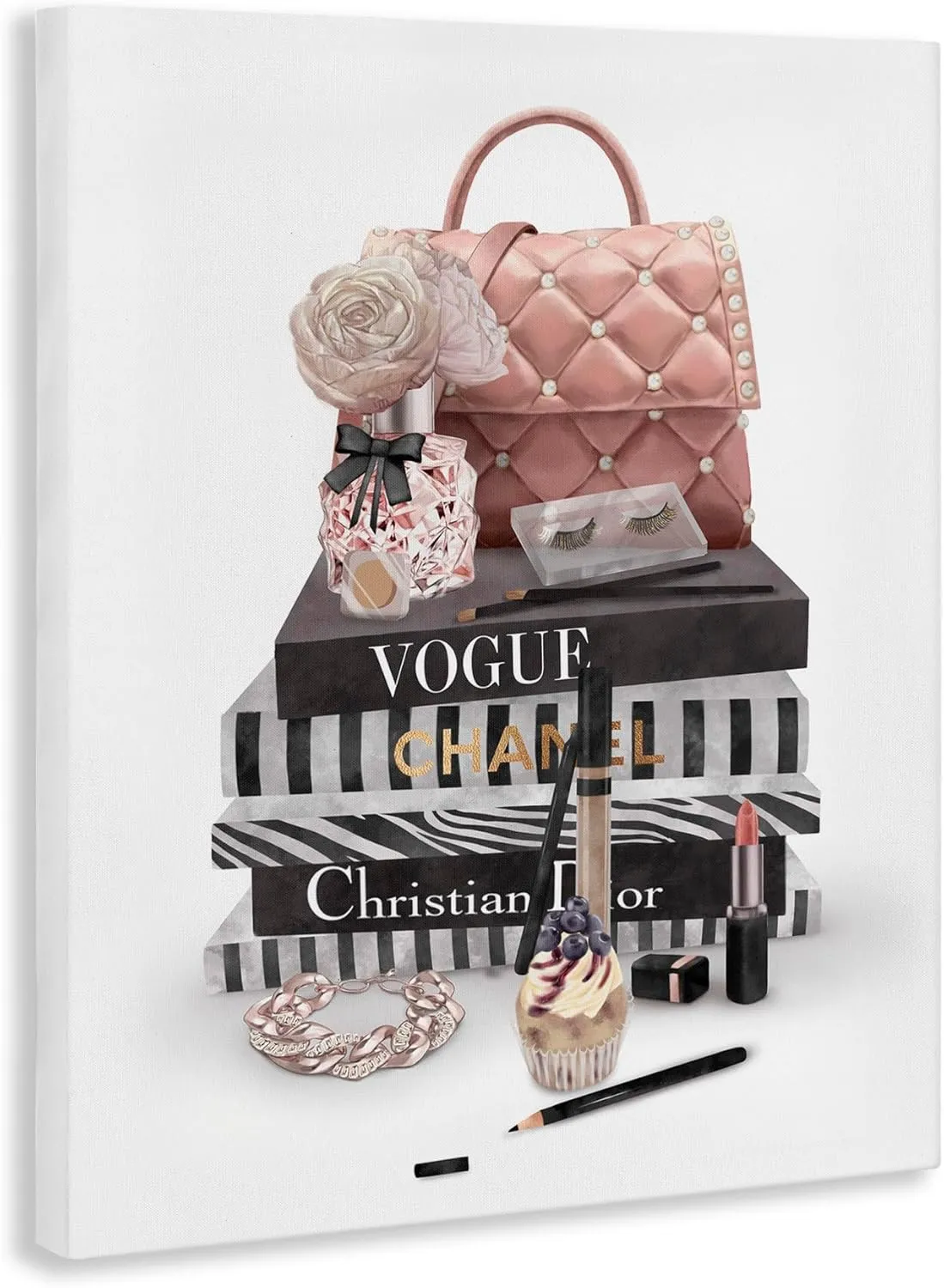 Stupell Industries Fashion Bookstack Purse Perfume Pink Glam Design