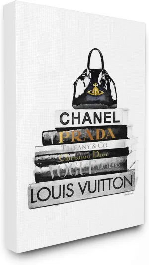 Stupell Industries Fashion Designer Purse Bookstack Black and White Watercolor Canvas Wall Art, Multi-Color