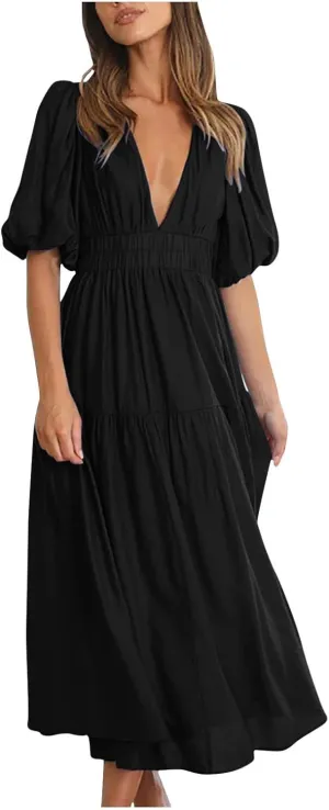 Summer Dresses for Women 2024 Sexy Deep V Neck Maxi Dress Casual Short Sleeve Plus Size Sun Dress Summer Vacation Dress