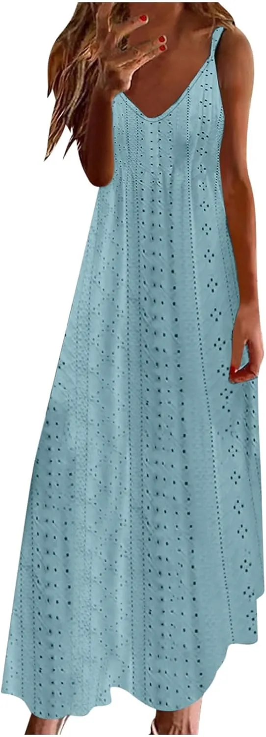 Summer Dresses for Women 2024 Spaghetti Strap V Neck Eyelet Maxi Dress Elegant Casual Sleeveless Hollow Out Sundress