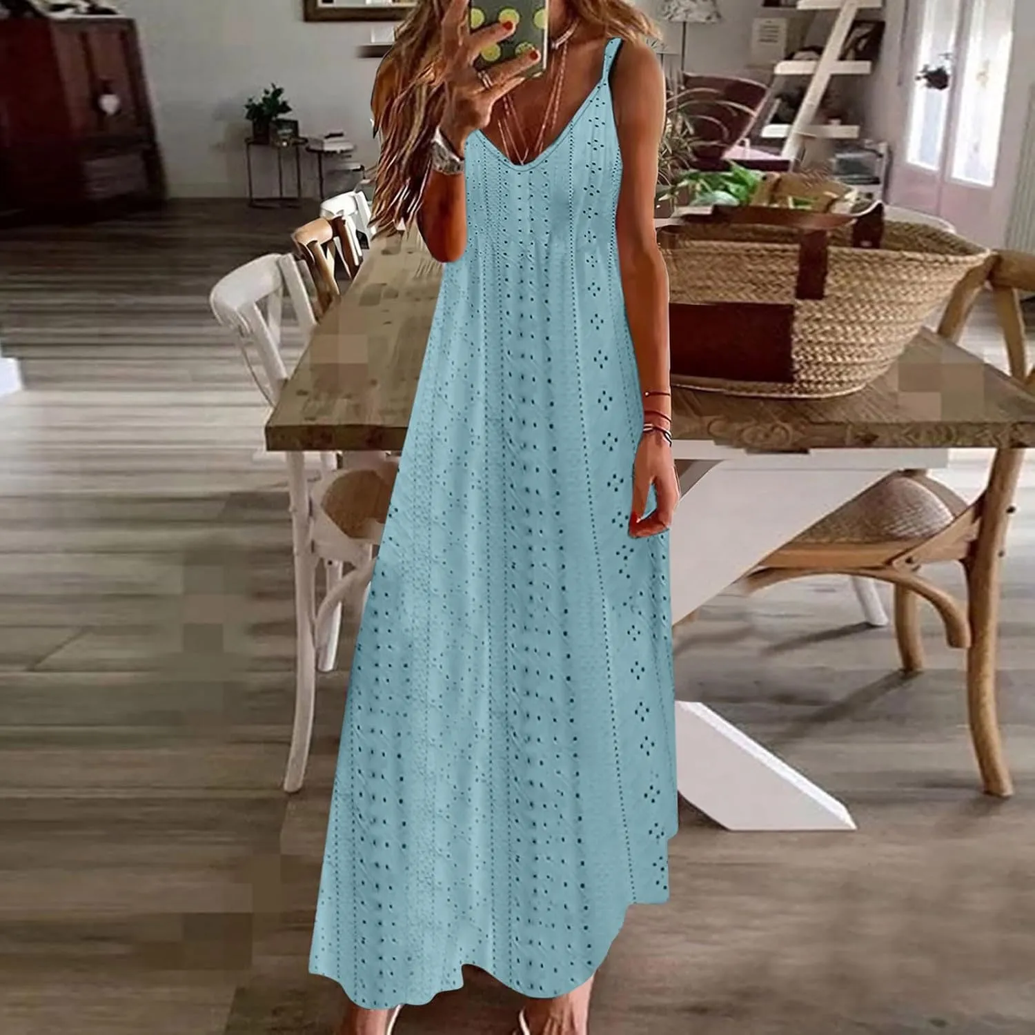 Summer Dresses for Women 2024 Spaghetti Strap V Neck Eyelet Maxi Dress Elegant Casual Sleeveless Hollow Out Sundress