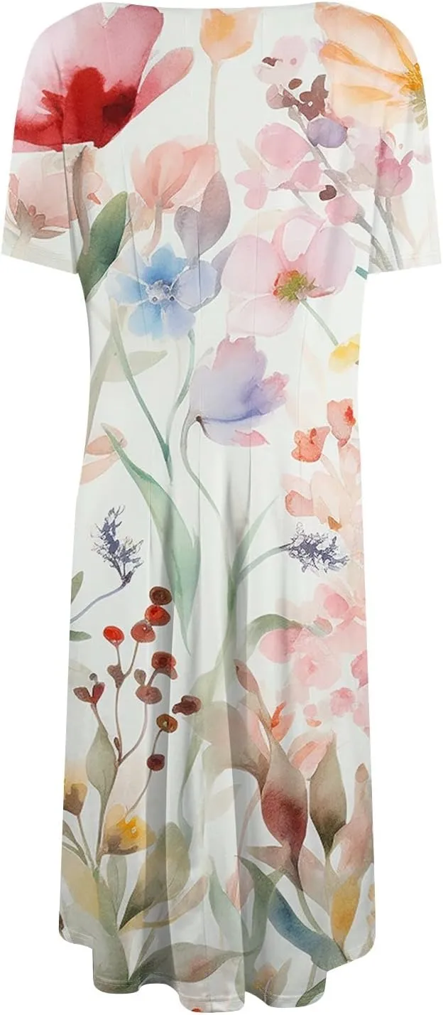 Summer Dresses for Women Casual Short Sleeve Round Neck Midi Dresses Elegant Pleated A Line Empire Waist Tshirt Dress