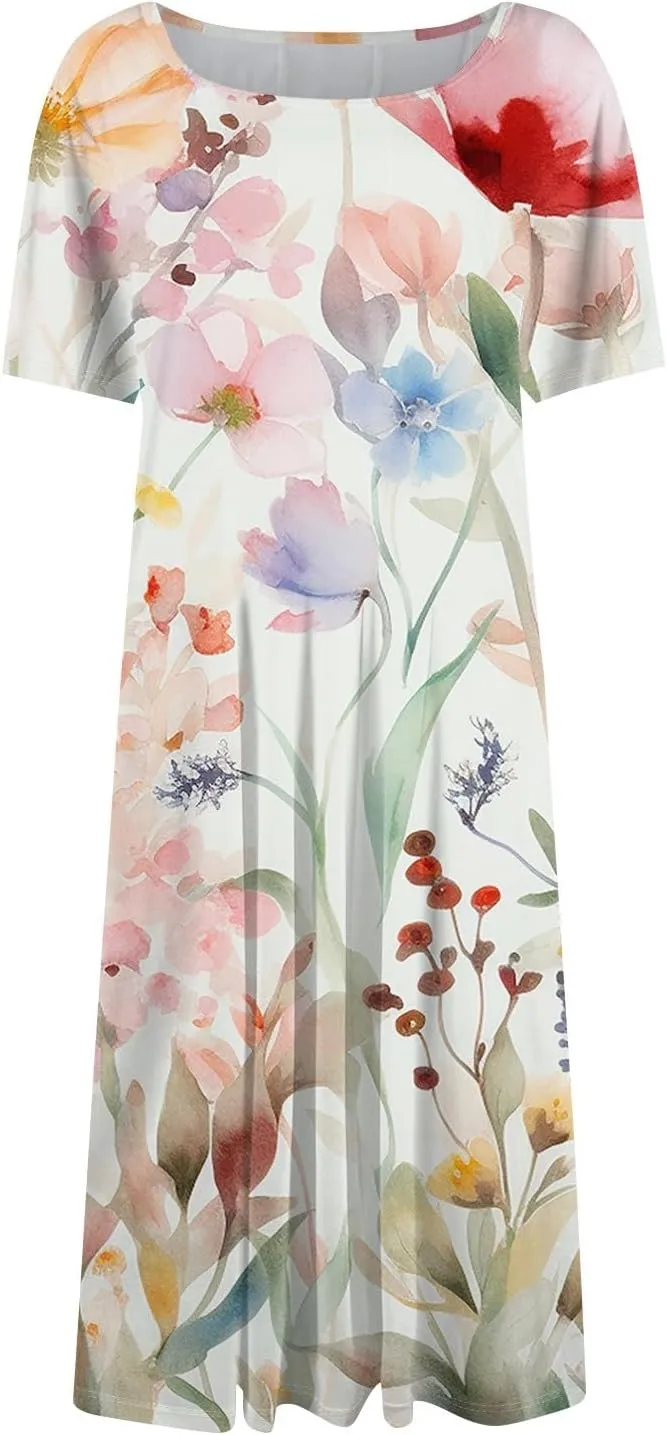 Summer Dresses for Women Casual Short Sleeve Round Neck Midi Dresses Elegant Pleated A Line Empire Waist Tshirt Dress