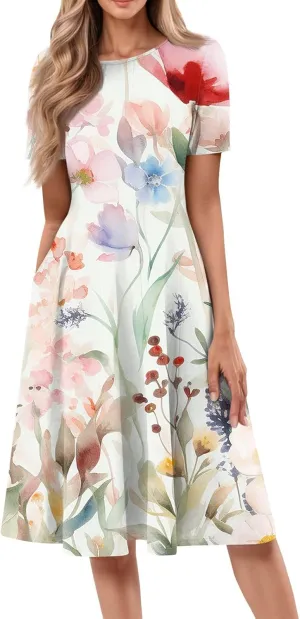 Summer Dresses for Women Casual Short Sleeve Round Neck Midi Dresses Elegant Pleated A Line Empire Waist Tshirt Dress