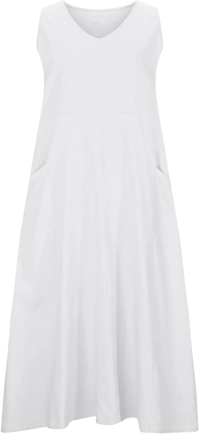 Sun Dresses Women Summer Casual Sexy Sleeveless Cotton Linen Scoop Neck Ruffle Flowy Long Maxi Dress with Pockets