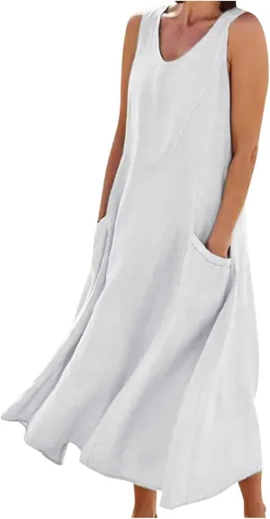 Sun Dresses Women Summer Casual Sexy Sleeveless Cotton Linen Scoop Neck Ruffle Flowy Long Maxi Dress with Pockets