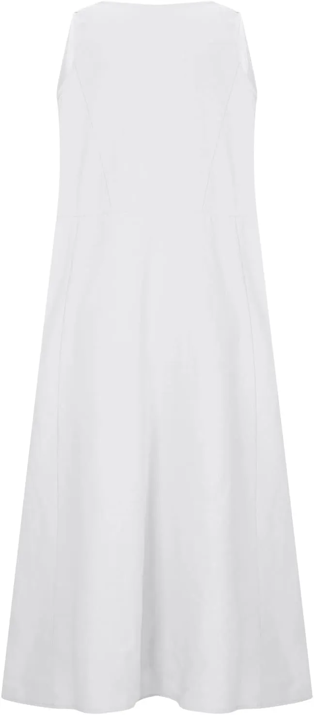 Sun Dresses Women Summer Casual Sexy Sleeveless Cotton Linen Scoop Neck Ruffle Flowy Long Maxi Dress with Pockets