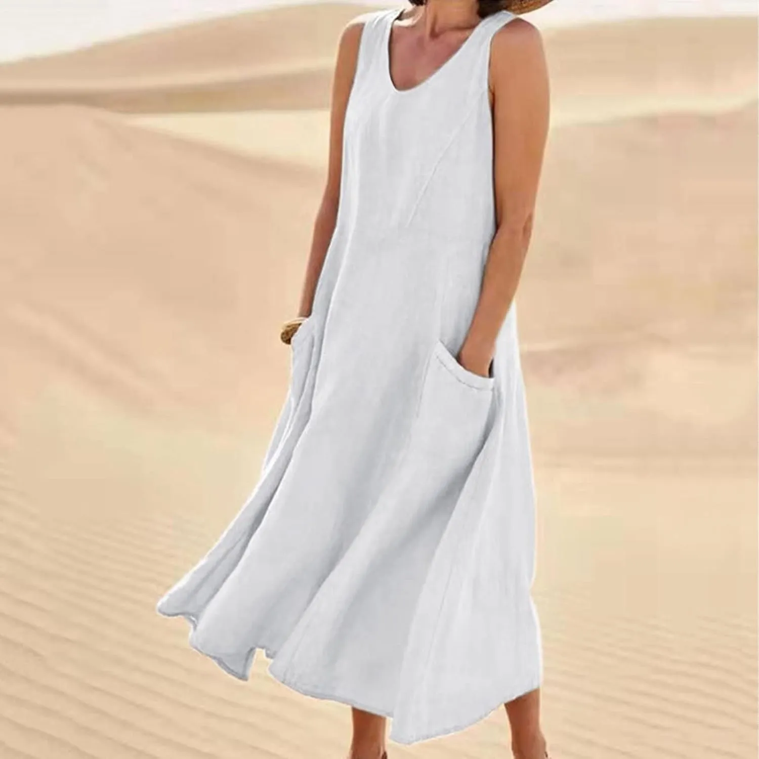 Sun Dresses Women Summer Casual Sexy Sleeveless Cotton Linen Scoop Neck Ruffle Flowy Long Maxi Dress with Pockets
