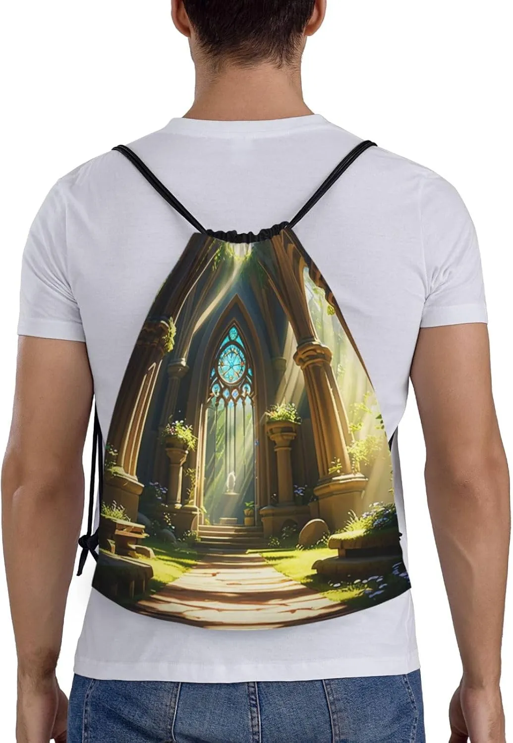 Sunlit Sanctuary Print Drawstring Bags 210D Polyester Backpack Foldable Sports Drawstring Sack Mini Travel Daypack