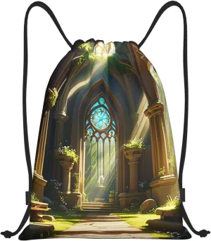 Sunlit Sanctuary Print Drawstring Bags 210D Polyester Backpack Foldable Sports Drawstring Sack Mini Travel Daypack