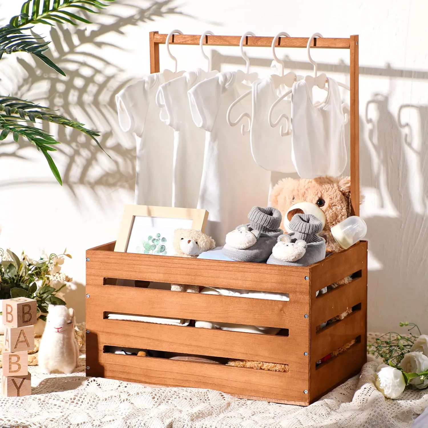 Suzile Wooden Baby Shower Crate Closet, Wood Hamper New Baby Gift Basket with Handle Gender Reveal Storage Box for Pregnancy New Parent(Claybank,Classic)