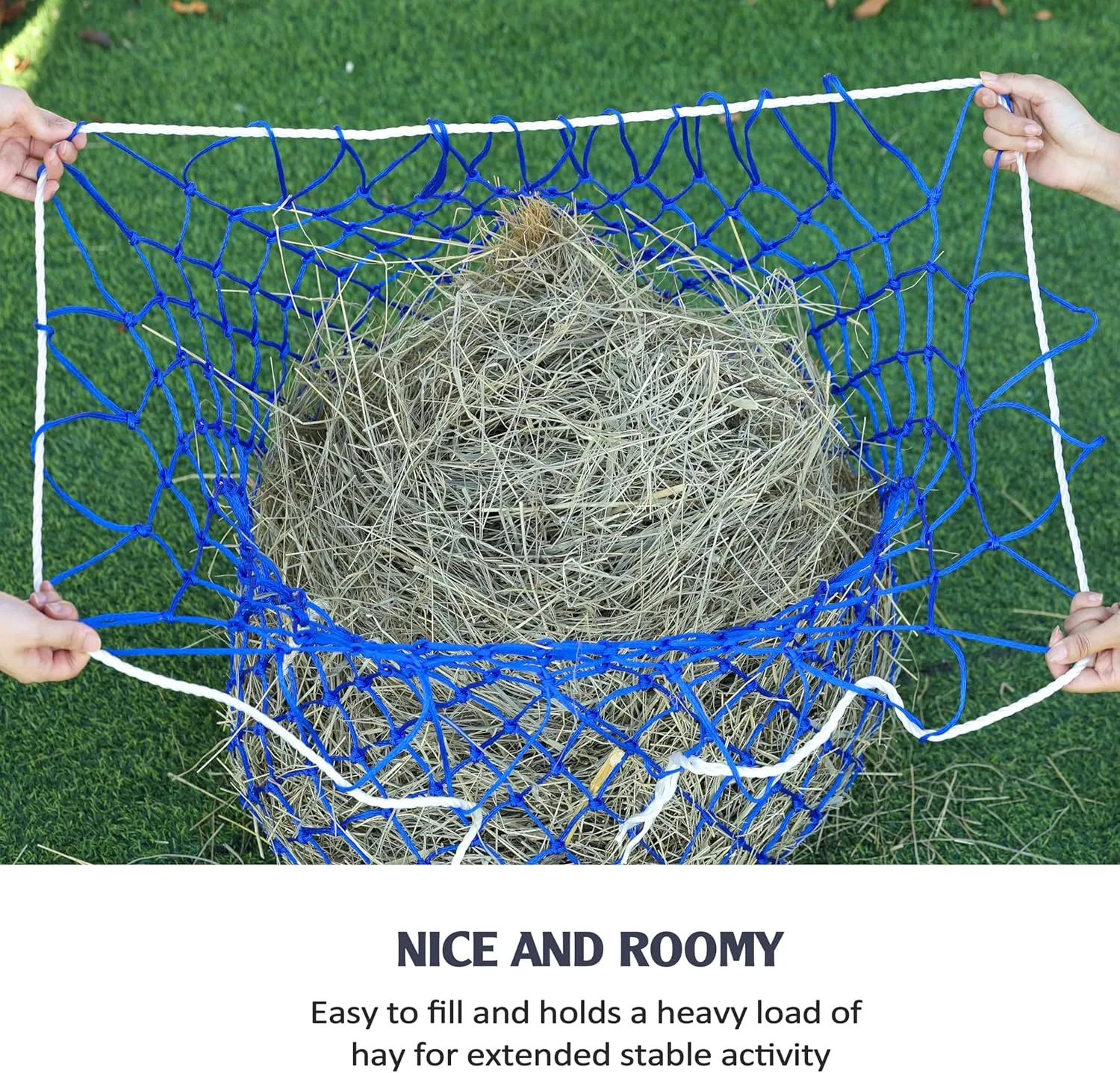 Tackmore Slow Feed Hay Net for Horses 40’’ Hay Bag Horse hay Feeder Net with 2’’ Holes Blue