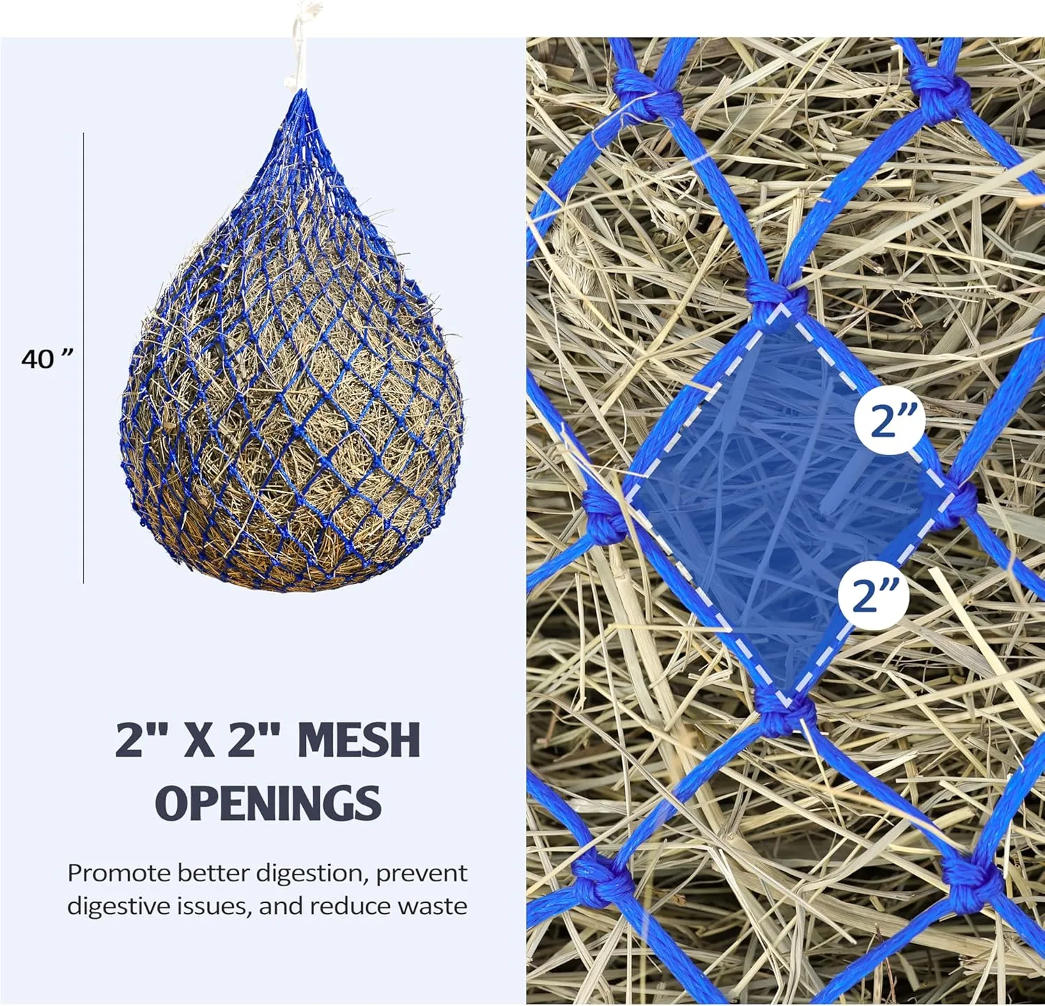 Tackmore Slow Feed Hay Net for Horses 40’’ Hay Bag Horse hay Feeder Net with 2’’ Holes Blue