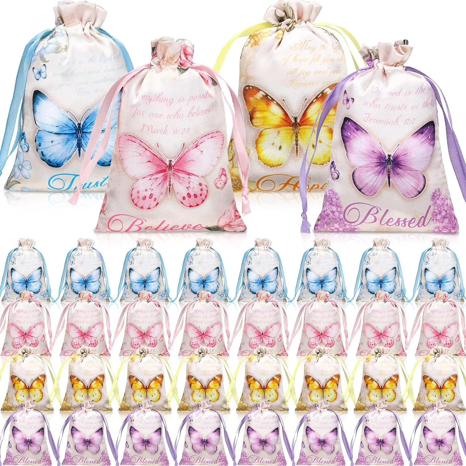 Talltalk 100 Pcs Butterfly Gift Bags Christian Satin Bag with Drawstring 4 x 6 Inch Religious Party Favor Bags for Birthday Baby Shower Wedding Party Supplies