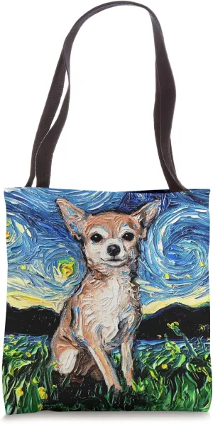 Tan Short Hair Chihuahua Starry Night cute dog art by Aja Tote Bag