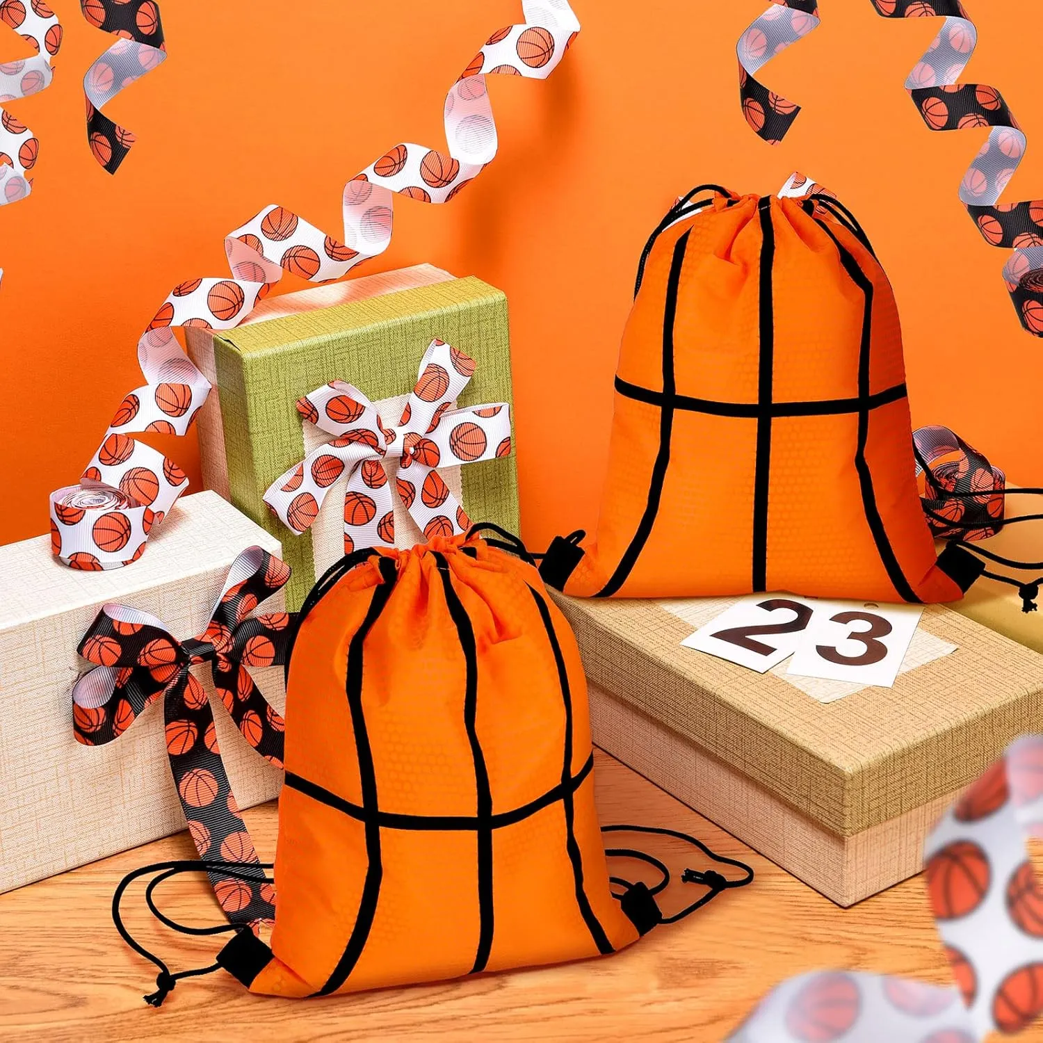 Tanlade 24 Pcs Sport Drawstring Bags Cinch Sack Candy Drawstring Bag Sport Party Goodie Favor Bags Supplies Gifts for Sports Party Men Women (Basketball,10 x 12 Inch)