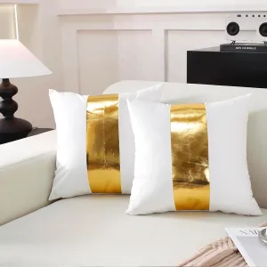 TAOSON Pack of 2 Velvet Decorative Throw Pillow Covers White Patchwork with Gold Striped Leather Pillow Covers 12 × 20 Inch Cushion Covers Decor Living Room Sofa Bedroom Car Only Cover No Insert