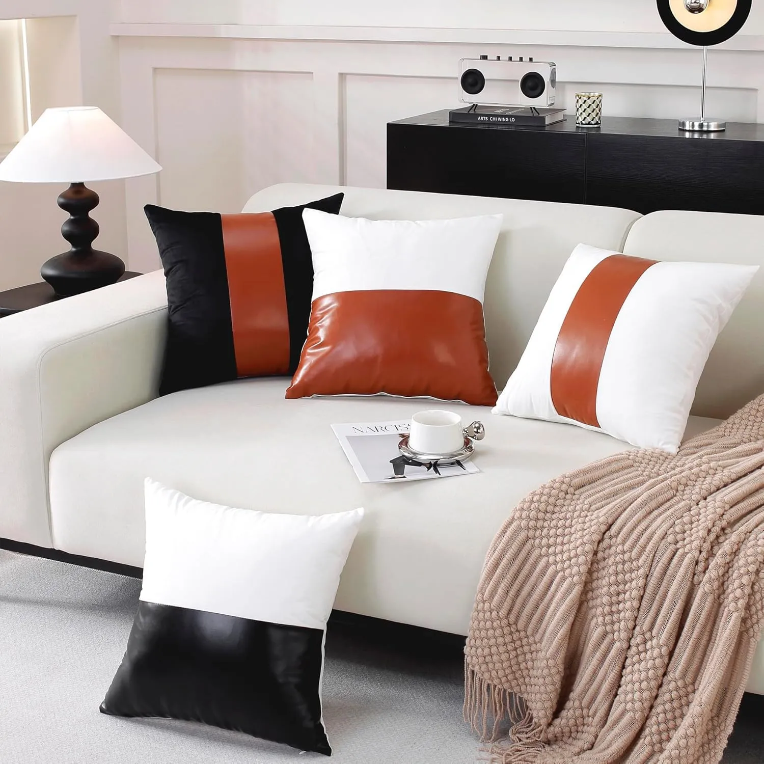 TAOSON Pack of 2 Velvet Decorative Throw Pillow Covers White Patchwork with Gold Striped Leather Pillow Covers 12 × 20 Inch Cushion Covers Decor Living Room Sofa Bedroom Car Only Cover No Insert