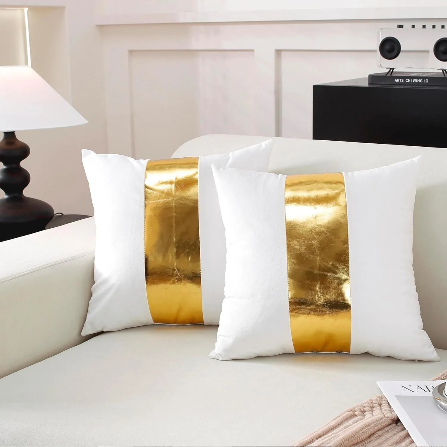 TAOSON Pack of 2 Velvet Decorative Throw Pillow Covers White Patchwork with Gold Striped Leather Pillow Covers 12 × 20 Inch Cushion Covers Decor Living Room Sofa Bedroom Car Only Cover No Insert