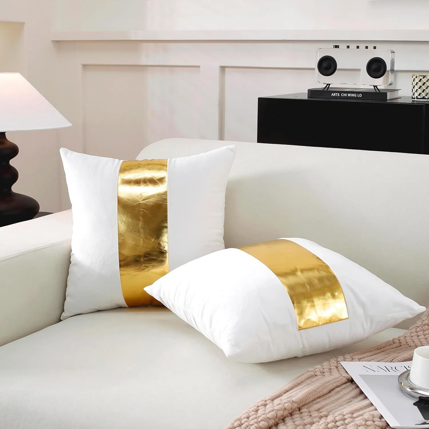 TAOSON Pack of 2 Velvet Decorative Throw Pillow Covers White Patchwork with Gold Striped Leather Pillow Covers 12 × 20 Inch Cushion Covers Decor Living Room Sofa Bedroom Car Only Cover No Insert