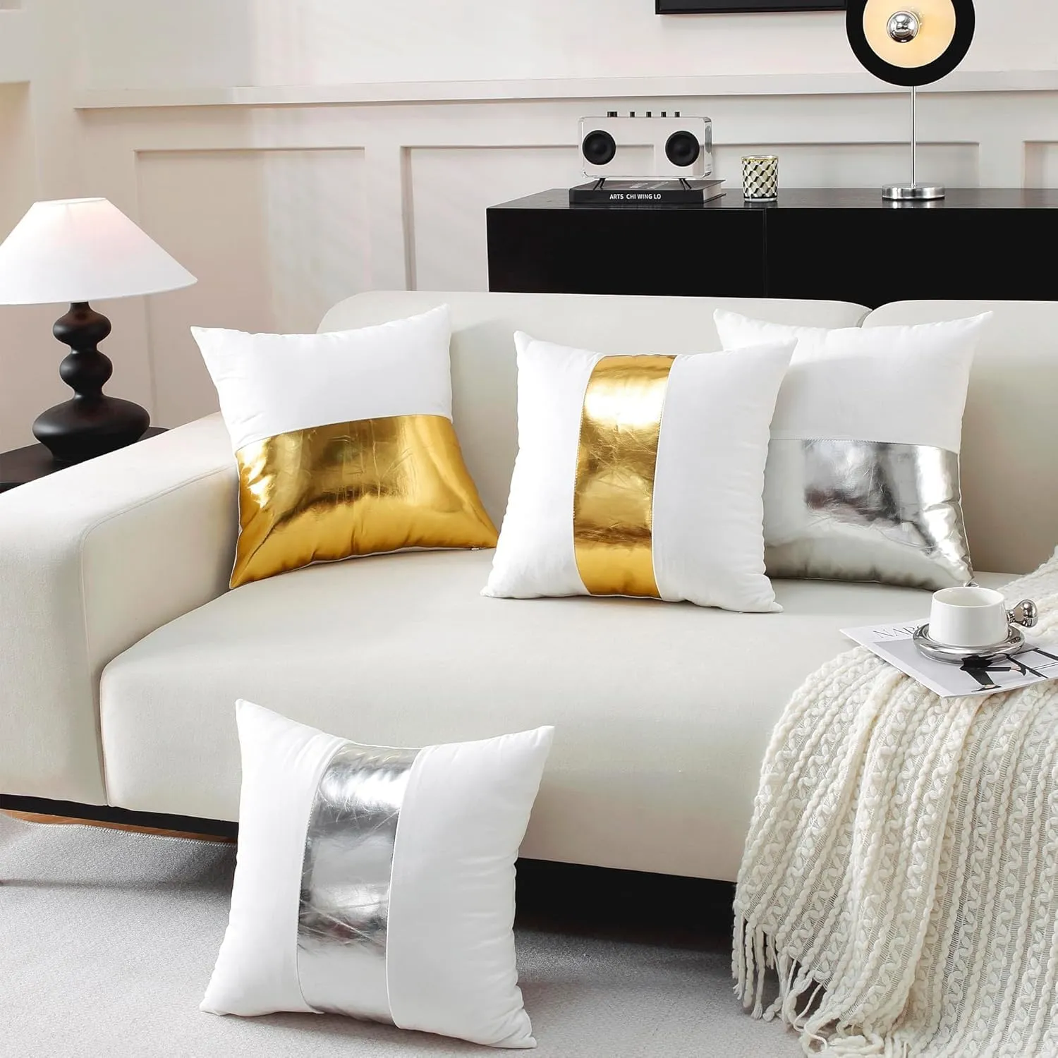 TAOSON Pack of 2 Velvet Decorative Throw Pillow Covers White Patchwork with Gold Striped Leather Pillow Covers 12 × 20 Inch Cushion Covers Decor Living Room Sofa Bedroom Car Only Cover No Insert
