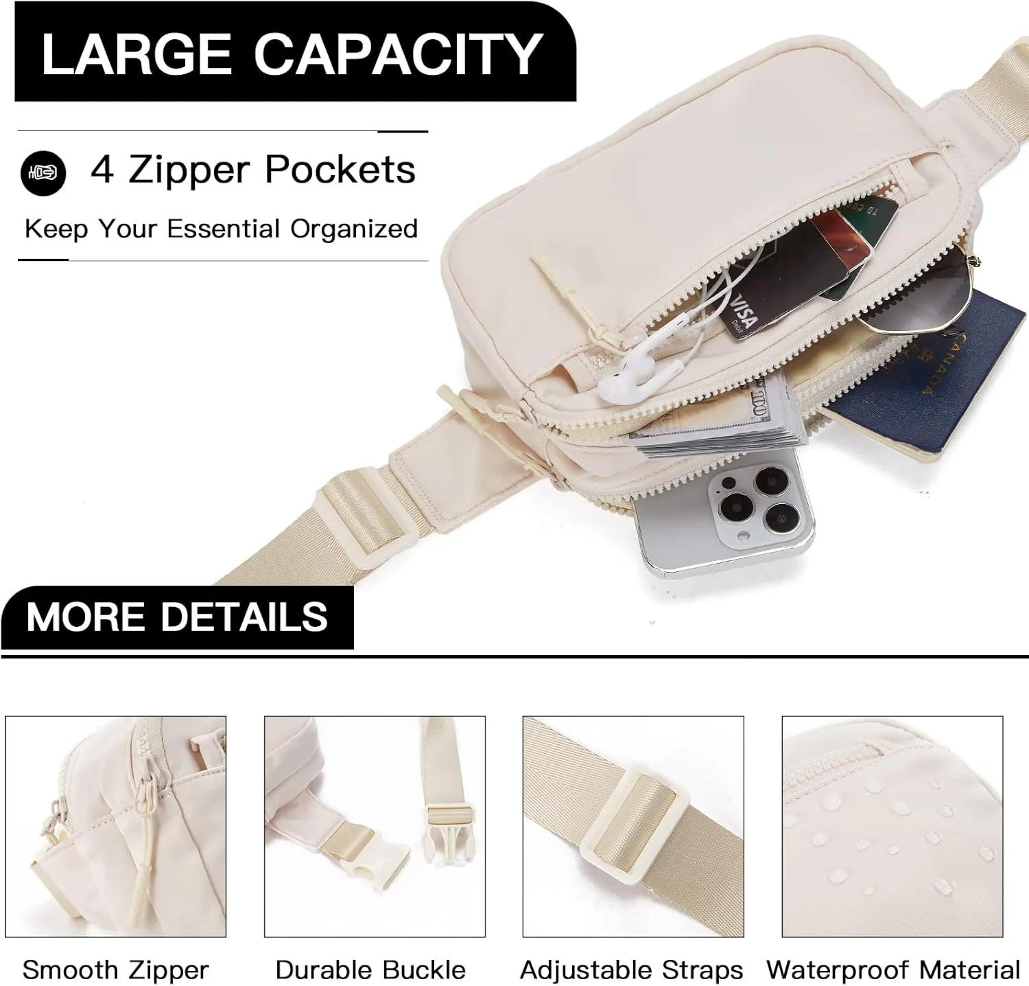 Telena Fanny Packs for Women Men Fashionable Cross Body Belt Bag with Adjustable Straps Beige