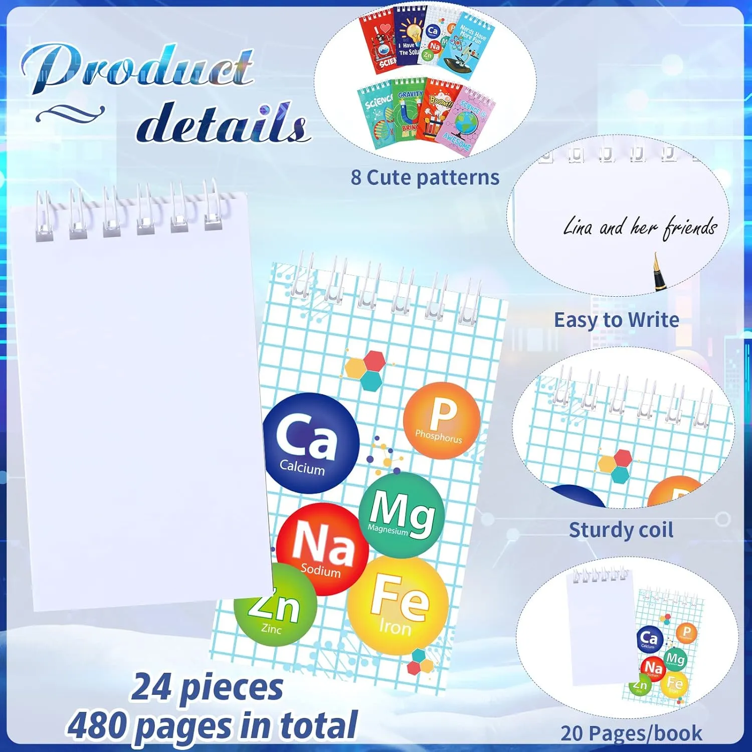 Teling 24 Pieces Science Party Mini Notepads, Science Party Favors Memo Spiral Tiny Notebooks Bulk Teacher Classroom Reward Prizes Piñata Gift Bags Fillers Supply for Boys Girls Birthday