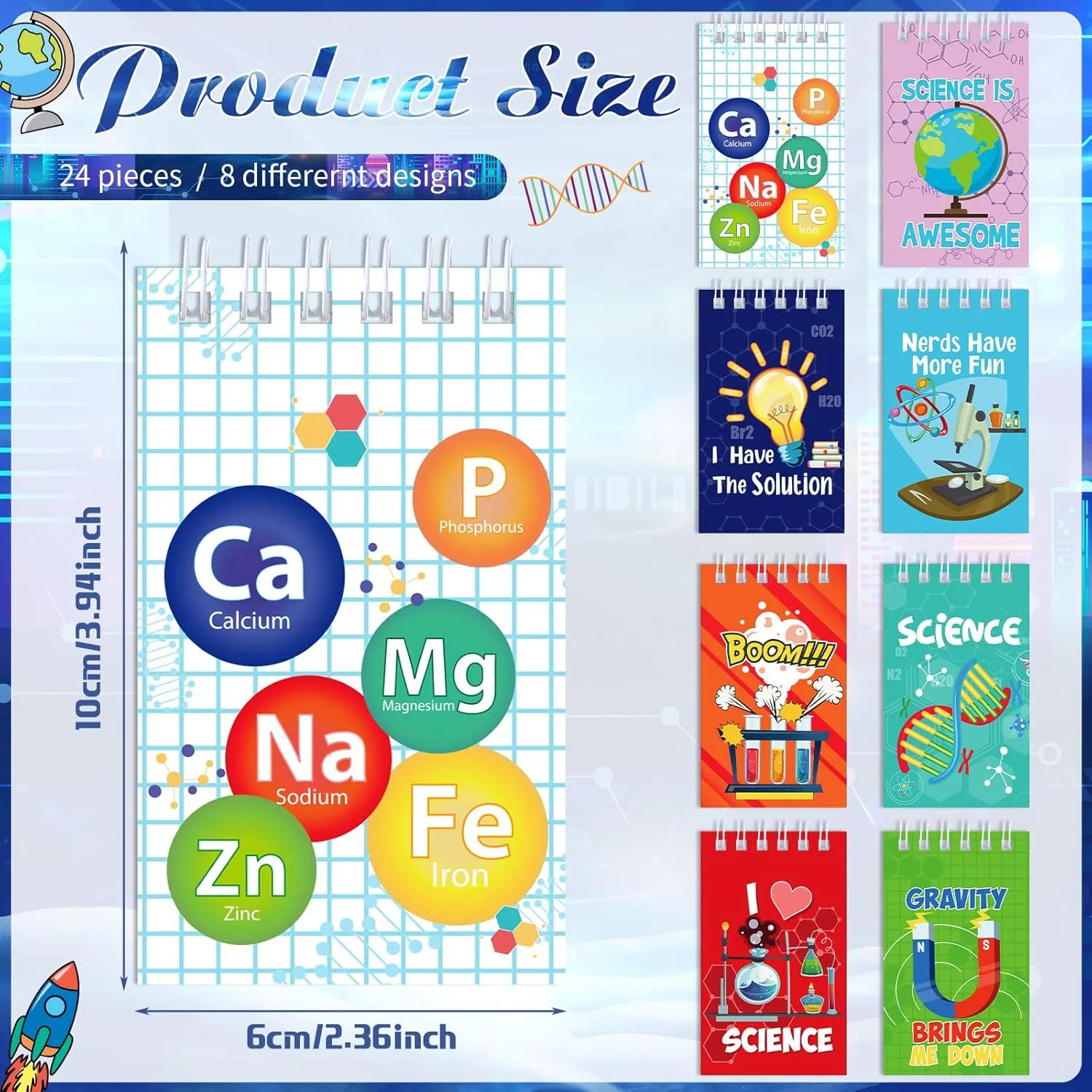 Teling 24 Pieces Science Party Mini Notepads, Science Party Favors Memo Spiral Tiny Notebooks Bulk Teacher Classroom Reward Prizes Piñata Gift Bags Fillers Supply for Boys Girls Birthday