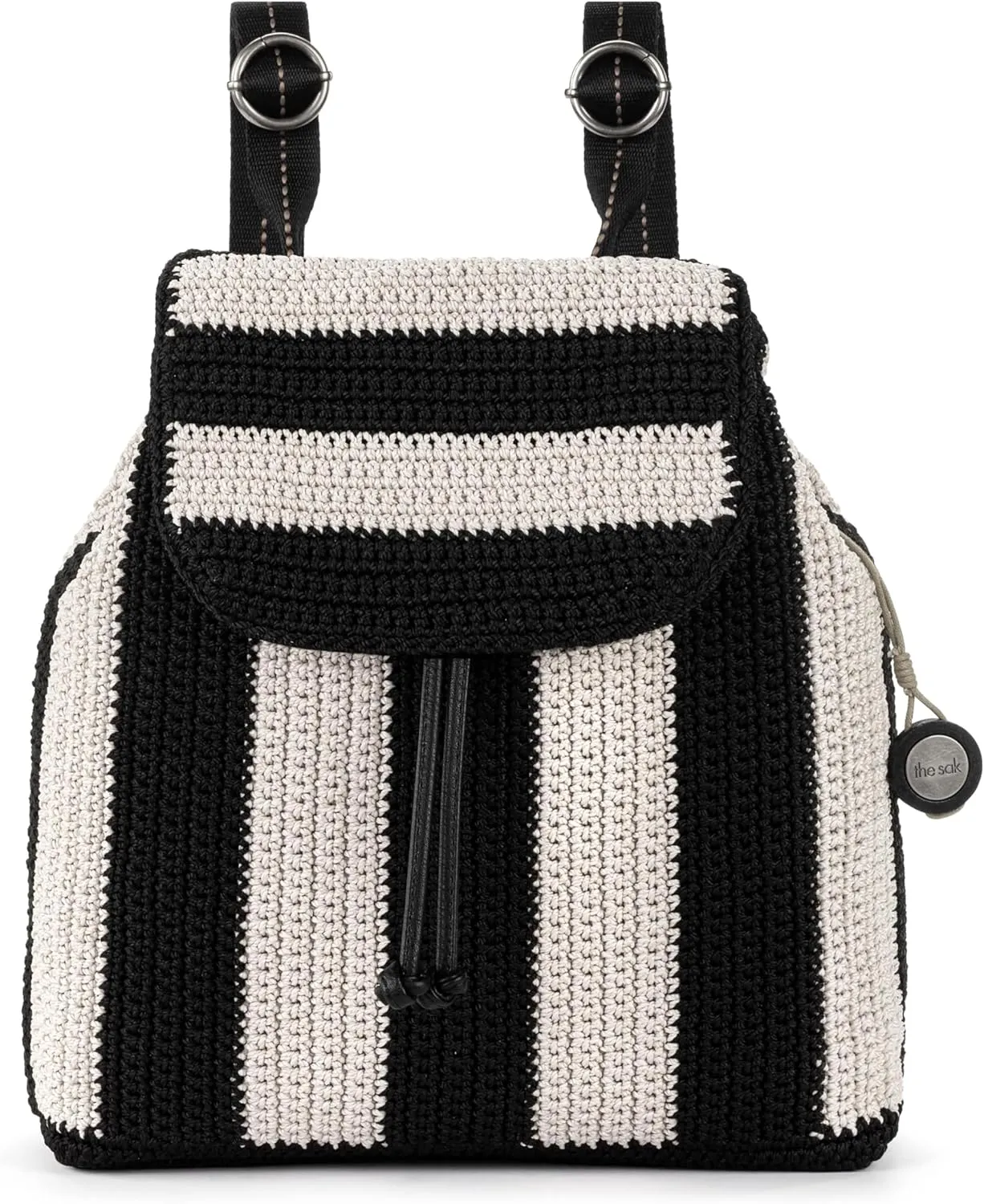 The Sak Sayulita Backpack - Hand Crochet Women's Backpack for Everyday & Travel - Daypack With Adjustable & Removable Straps - Black Stripe
