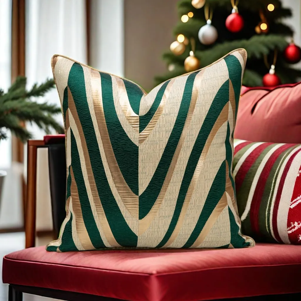 THE-TINOART Gold Green Throw Pillow Covers 18x18 Decorative Jacquard Cushion Covers Emerald Green Christmas Luxury V Pattern Pillowcase for Sofa Bedroom Car 1 Piece