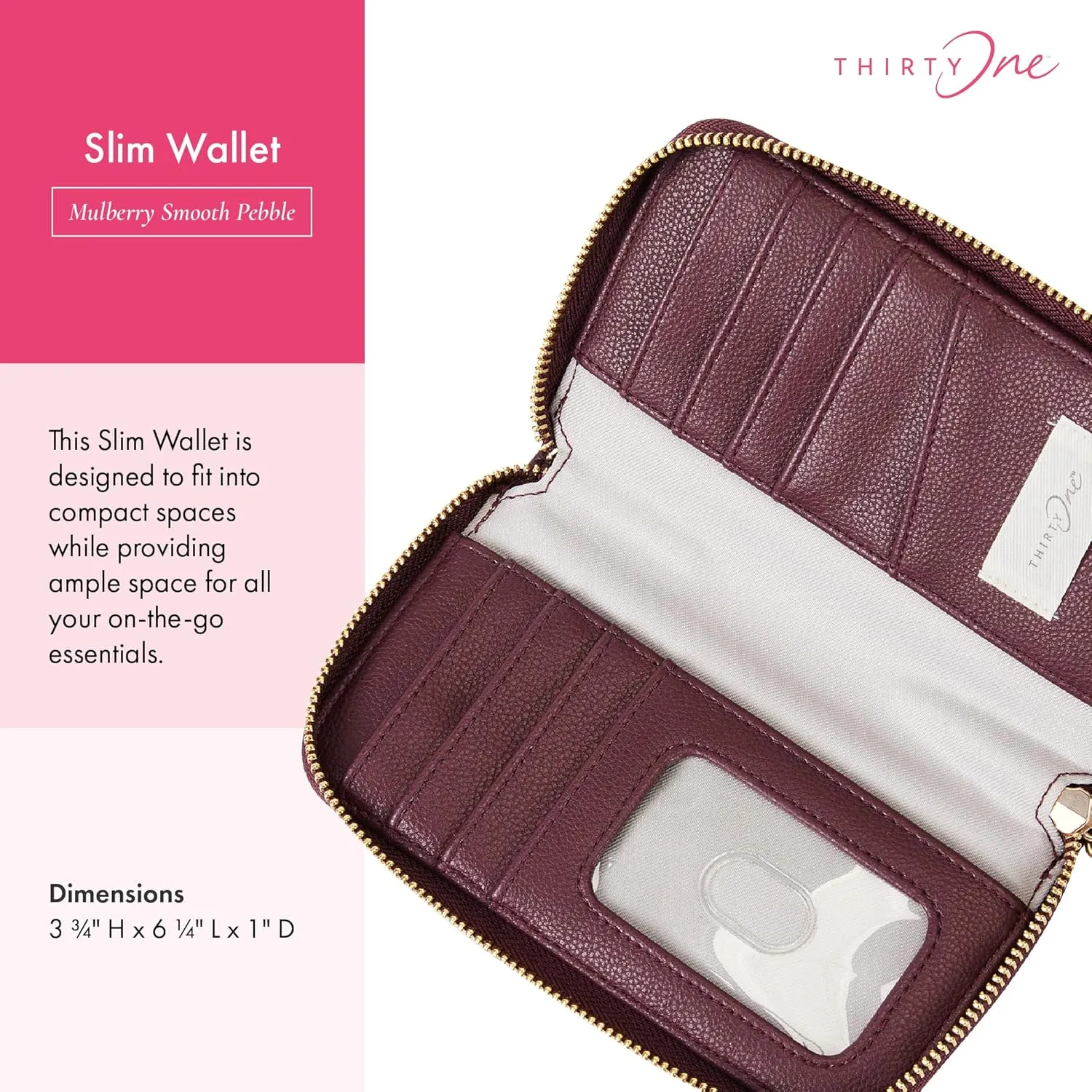 THIRTY-ONE Gifts Slim Wallet, Small Clutch Wallet for Women, Phone-Holder Wallet with Card and Bill Slots, Mulberry Smooth Pebble