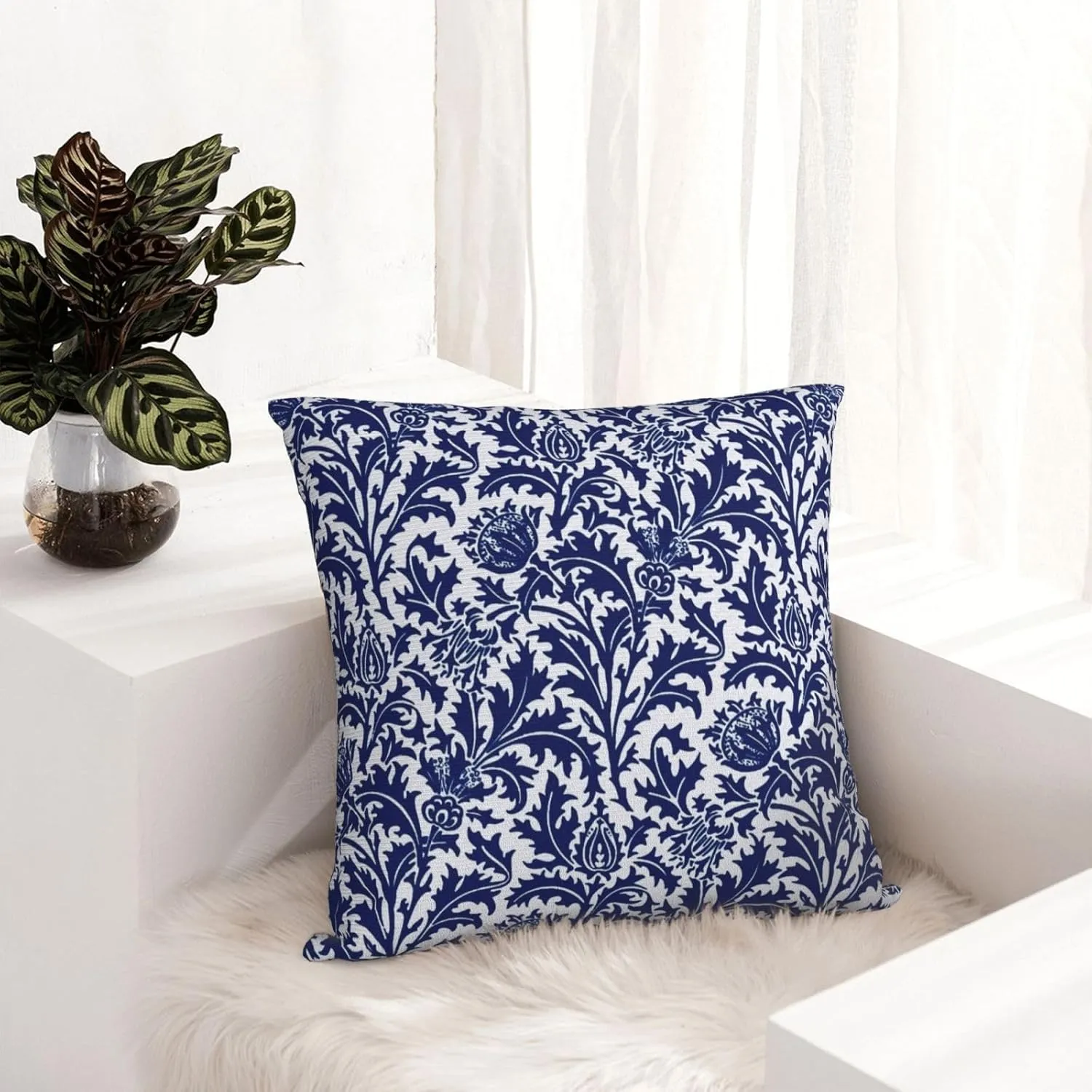 Thistle Damask Navy Blue and White William Morris Greenery Forest Animals Pheasant Decorative Throw Pillow Covers 18x18 inch Soft Pillowcase Aesthetic Cushion Cover for Home Decor Sofa Living Room