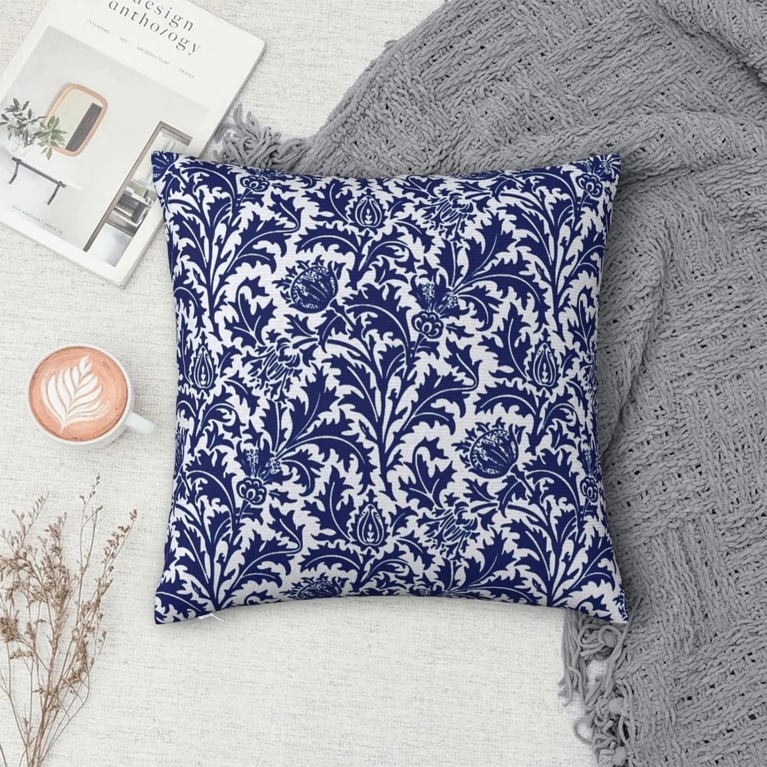 Thistle Damask Navy Blue and White William Morris Greenery Forest Animals Pheasant Decorative Throw Pillow Covers 18x18 inch Soft Pillowcase Aesthetic Cushion Cover for Home Decor Sofa Living Room
