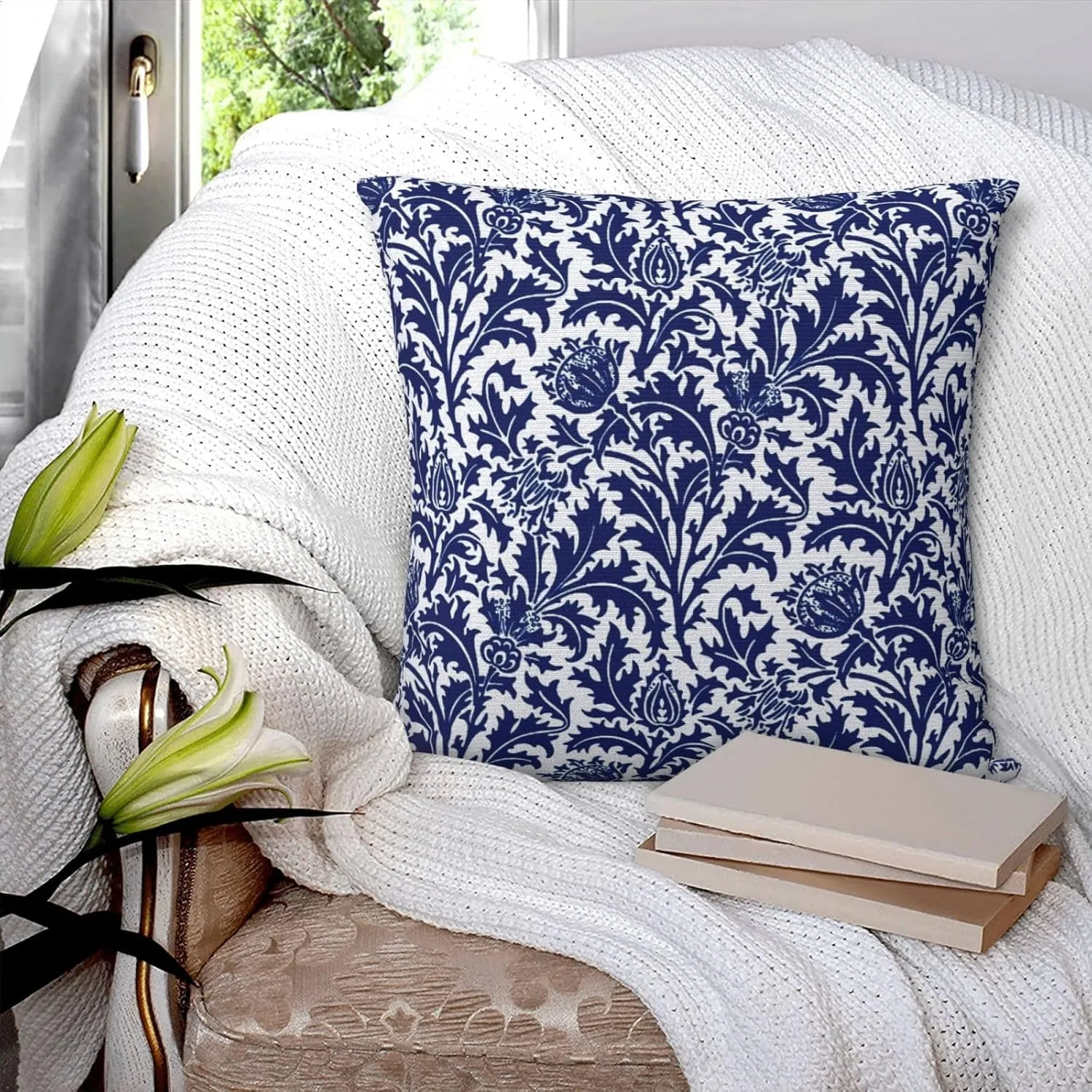 Thistle Damask Navy Blue and White William Morris Greenery Forest Animals Pheasant Decorative Throw Pillow Covers 18x18 inch Soft Pillowcase Aesthetic Cushion Cover for Home Decor Sofa Living Room