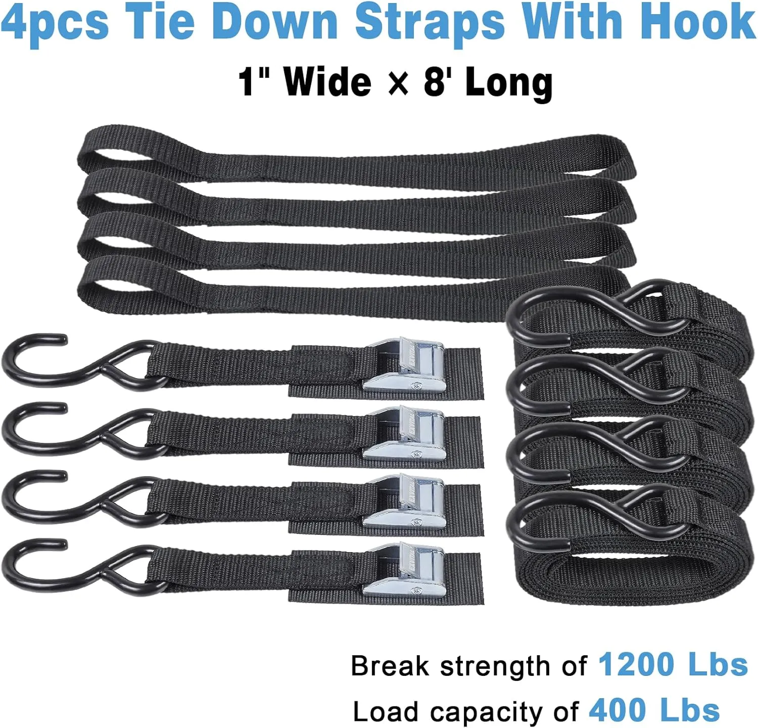 Tie Down Straps with Hook Cam Buckle Straps 1" x 8’ 1200lbs Break Strenght with Extra Soft Loops for Motorcycle, Kayak, ATVs, Dirt Bike, Truck, Car Black 4 Pack