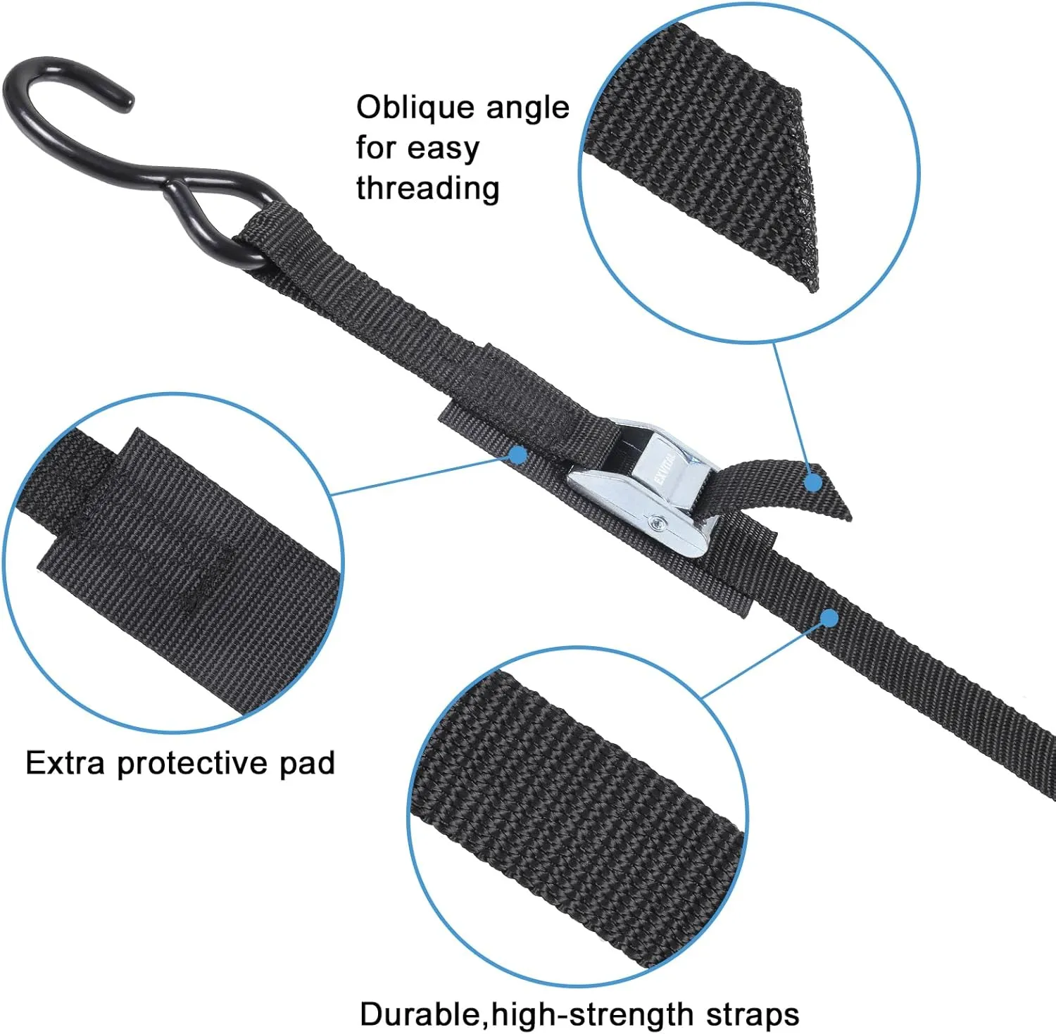 Tie Down Straps with Hook Cam Buckle Straps 1" x 8’ 1200lbs Break Strenght with Extra Soft Loops for Motorcycle, Kayak, ATVs, Dirt Bike, Truck, Car Black 4 Pack